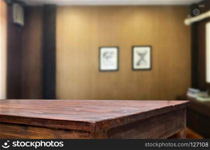 Wooden board empty table space platform in front of blurred Living Room Of The background - can be used for display or montage your products. Mock up for display of product.