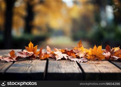 Wooden boards on the background of a blurred autumn park.