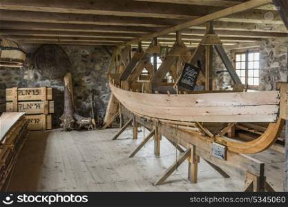 Wooden boat being made in a workshop, Fortress of Louisbourg, Louisbourg, Cape Breton Island, Nova Scotia, Canada
