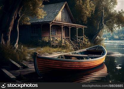 Wooden boat in the lake near the old village house. Illustration AI Generative
