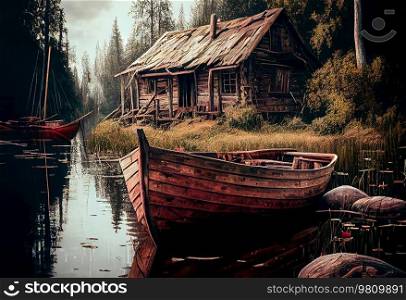 Wooden boat in the lake near the old village house. Illustration AI Generative
