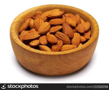 Wooden bowl full of Almond nuts isolated on a white background. High quality photo. Wooden bowl full of Almond nuts isolated on a white background