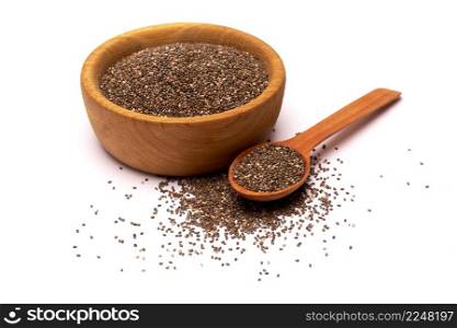 Wooden bowl of organic natural chia seeds close-up isolated. High quality photo. Wooden bowl of organic natural chia seeds close-up isolated