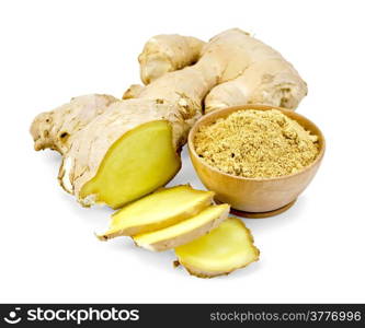 Wooden bowl with ginger powder, chopped ginger root isolated on white background