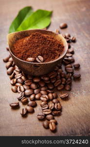 Wooden Bowl with ground coffee on wooden table