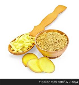 Wooden bowl with powder and a wooden spoon with grated ginger, cloves ginger root isolated on white background