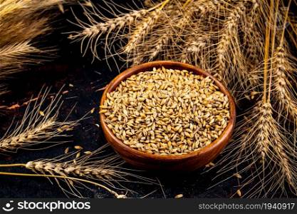 Wooden bowl with wheat grains and spikelets. On a dark background.. Wooden bowl with wheat grains and spikelets.