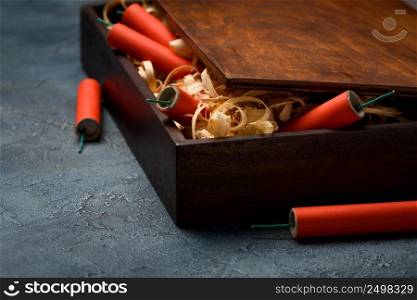 Wooden box full of firecrackers