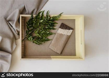wooden box with chocolate leaf