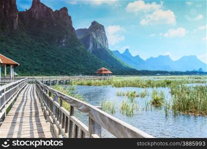 Wooden bridge and lake in Sam Roi Yod National Park, Prachuap Khiri Khan, Thailand