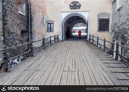 Wooden bridge in ancient castle Palanok, Mukachevo, Ukraine