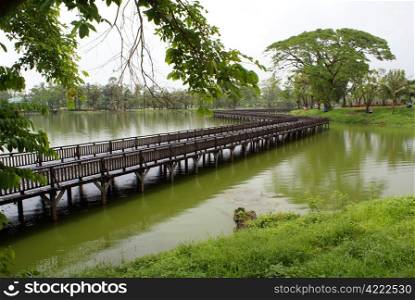 Wooden bridge in the park, Yangon, Myanmar