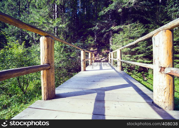 wooden bridge on the tourist trail. walk in the mountains