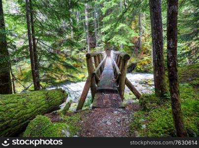 Wooden bridge over a mountains creek