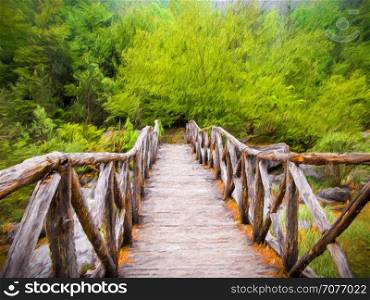 Wooden bridge over a river in the mountains of Olympus at Greece - painting effect