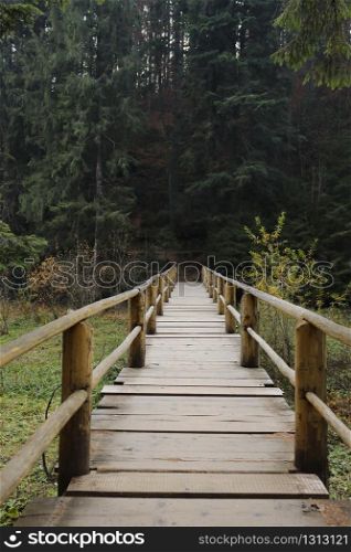 wooden bridge to cross the lake Synevyr in the forest in Ukraine.. wooden bridge to cross the lake Synevyr in the forest in Ukraine
