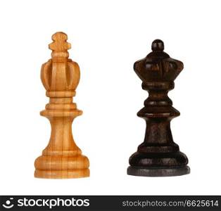 Wooden brown chess pieces on a white background