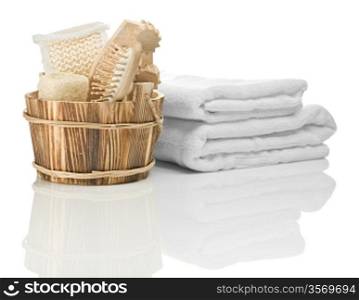 wooden bucket and towels