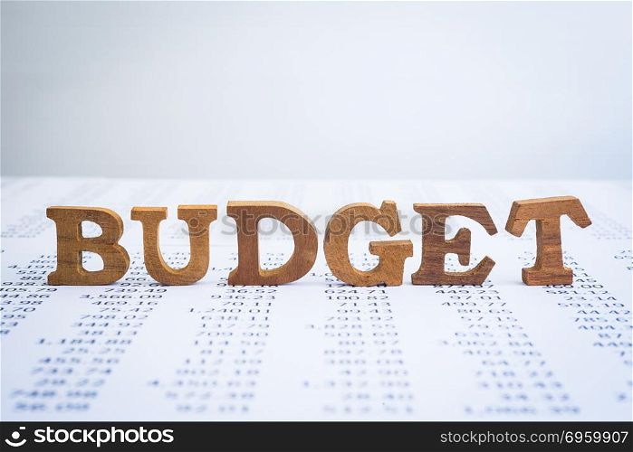 Wooden budget alphabets on annual accounting reports.. Wooden alphabet word Budget putting on accounting statement and annual summary reports on office table. Blank background and copy space. Financial management and business projects concepts