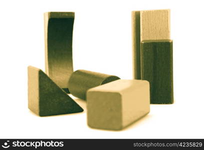 Wooden building blocks isolated on white background.