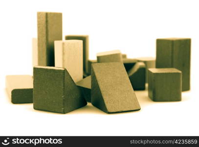 Wooden building blocks isolated on white background.