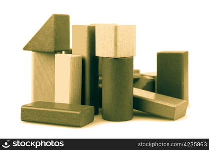 Wooden building blocks isolated on white background.