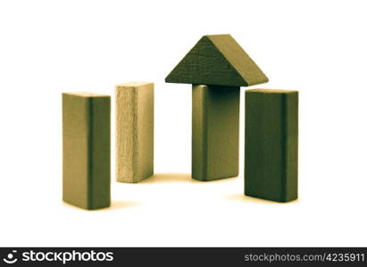 Wooden building blocks isolated on white background.