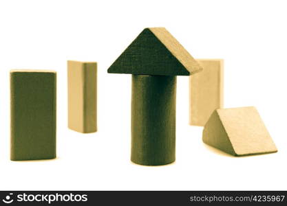 Wooden building blocks isolated on white background.