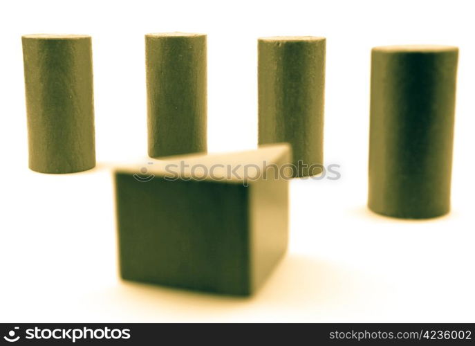 Wooden building blocks isolated on white background.