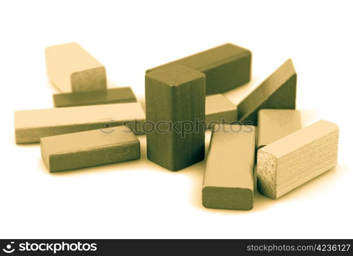 Wooden building blocks isolated on white background.