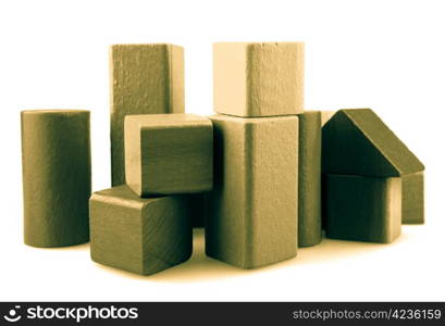 Wooden building blocks isolated on white background.