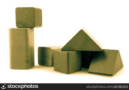Wooden building blocks isolated on white background.