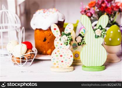 Wooden bunny - Easter decoration on the table. Easter bunny decor