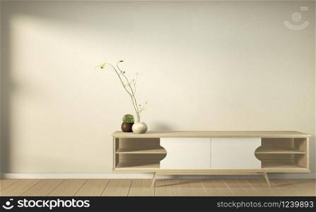 wooden cabinet in modern empty room Japanese - zen style,minimal designs. 3D rendering