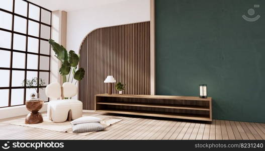 Wooden Cabinet on muji green room wooden interior. 3D rendering