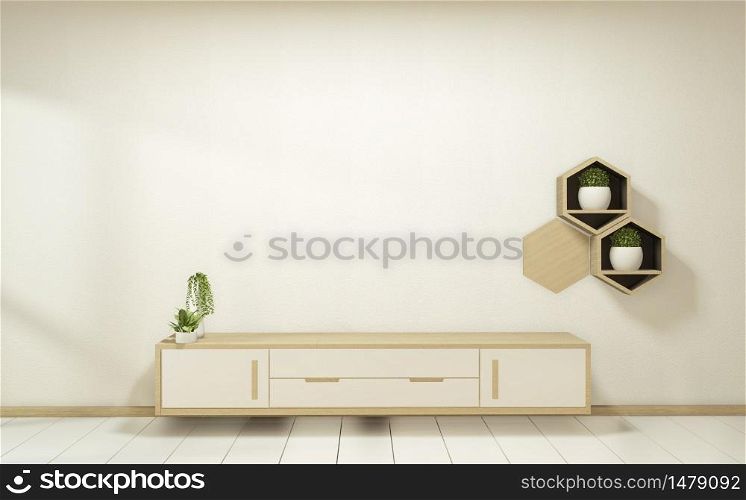 wooden cabinet tv with wooden hexagon tiles on wall and wooden floor room japanese style.3D rendering