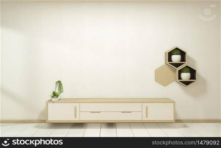 wooden cabinet tv with wooden hexagon tiles on wall and wooden floor room japanese style.3D rendering