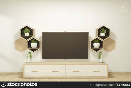 wooden cabinet tv with wooden hexagon tiles on wall and wooden floor room japanese style.3D rendering