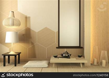 wooden cabinet tv with wooden hexagon tiles room japanese style.3D rendering