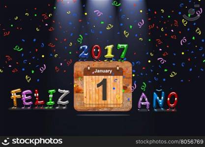 Wooden calendar with first January of 2017 year and colorful text Happy Year written in Spanish. 3D rendering