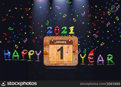 Wooden calendar with first January of 2021 year and colorful text Happy Year. 3D rendering