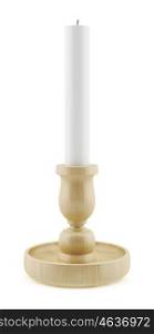 wooden candlestick with candle isolated on white background. 3d illustration