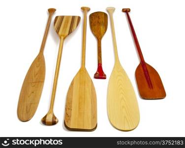 wooden canoe paddles of different shapes and sizes including a classic beaver tail on white background