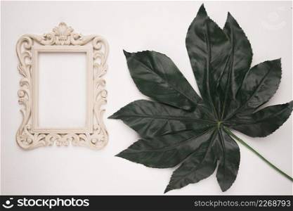 wooden carving frame near green artificial leaf white backdrop