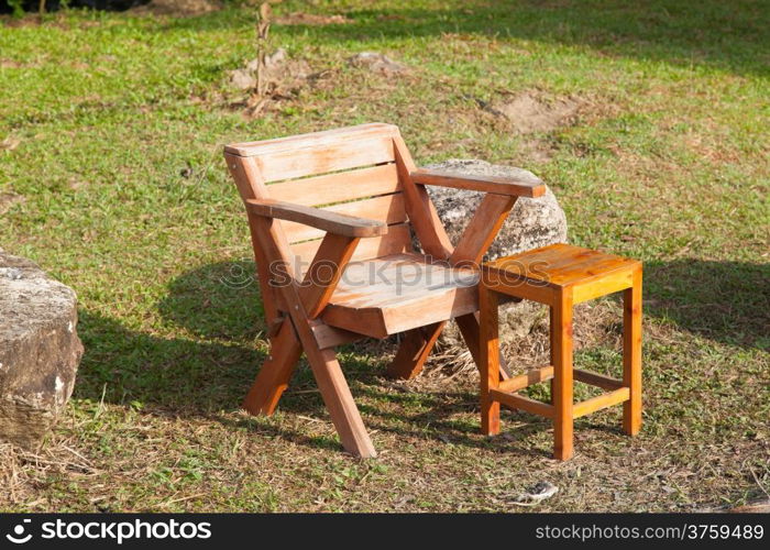 Wooden chairs placed on the lawn. Sunny in the morning from the front.