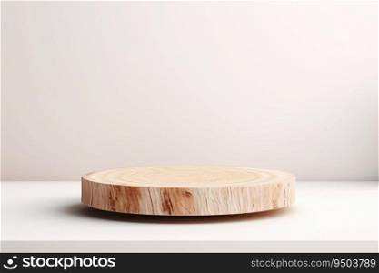 Wooden circular podium in white clean room. Front view - minimalism background for cosmetics, food or jewelry