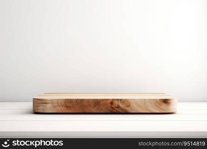 Wooden circular podium in white clean room. Front view - minimalism background for cosmetics, food or jewelry