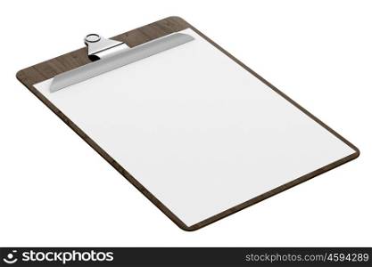 wooden clipboard with blank paper isolated on white background. 3d illustration
