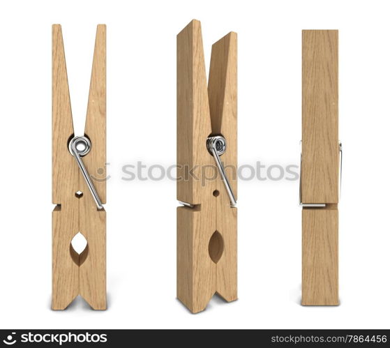 Wooden clothespin. 3d illustration isolated on white background