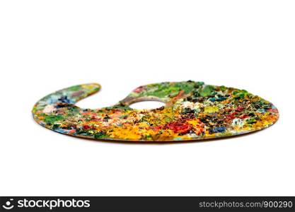 Wooden colorful palette on white background.. Wooden art palette on white background. Artist palette isolated on the white